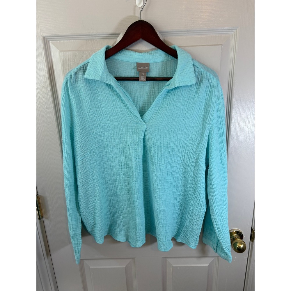 Chicos Aqua Blue Cotton Gauze V-Neck Long Sleeve Blouse Top Size 3 570302843